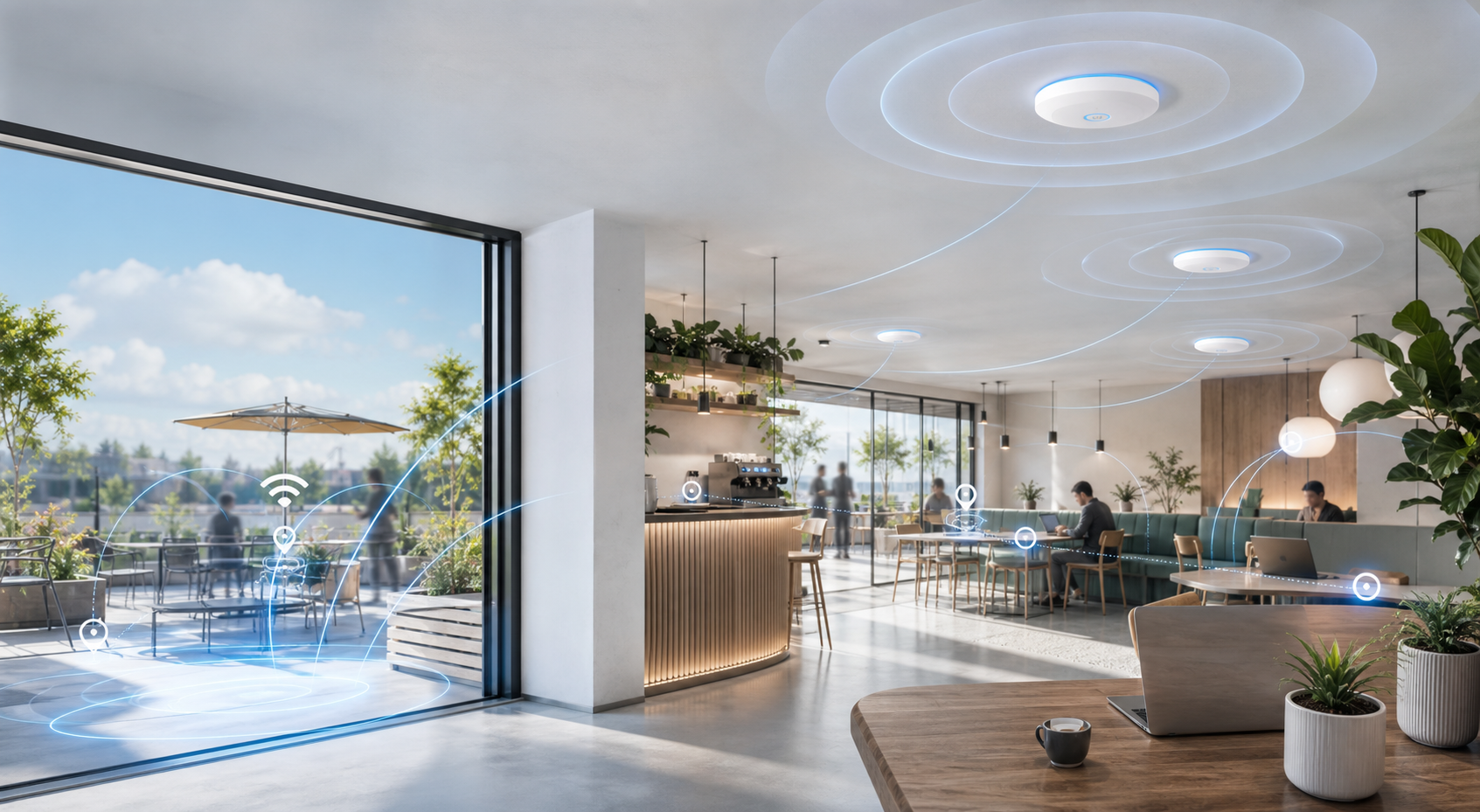 Zakelijke ruimte met interactieve Wi-Fi dekking en access points