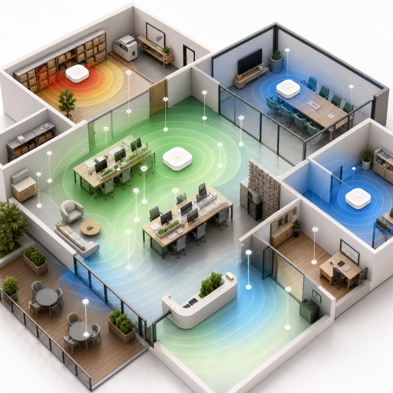Isometrische Wi-Fi heatmap met meetpunten en access points